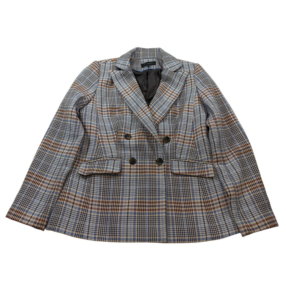 Talbots Womens Blue Tan Plaid Double Breasted Blazer Jacket Size 4 Professional